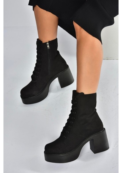 V726681502 Siyah Süet Kalın Topuklu Bağcıklı Kadın Bot modelleri