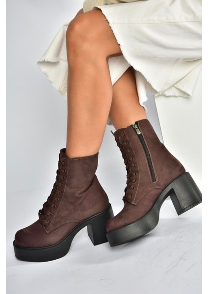 V726681502 Kahverengi Süet Kalın Topuklu Bağcıklı Kadın Bot modelleri