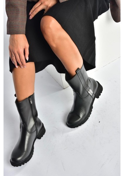 V654070603 Siyah Hakiki Deri Kadın Bot modelleri