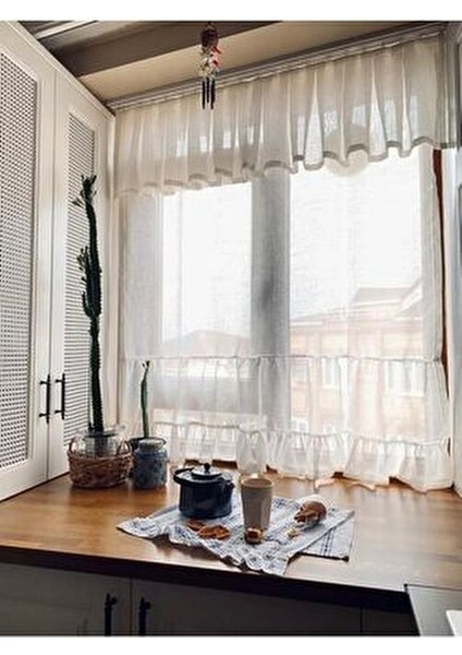 Fırfırlı Keten Tül Perde Büzgülü Krem Renkli Modern Tasarım