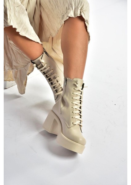 V726681509 Bej Kalın Topuklu Bağcıklı Kadın Bot fiyatları
