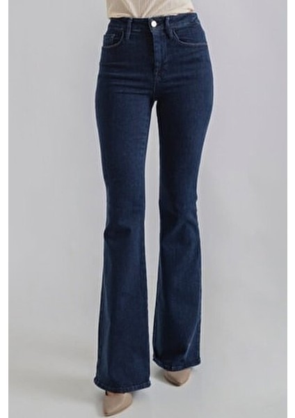 Koyu Mavi Yüksek Bel Flare Jeans Kadın Toparlayıcı Özellikli Likralı Model indirimleri