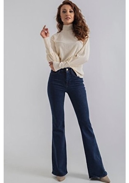 Koyu Mavi Yüksek Bel Flare Jeans Kadın Toparlayıcı Özellikli Likralı Model