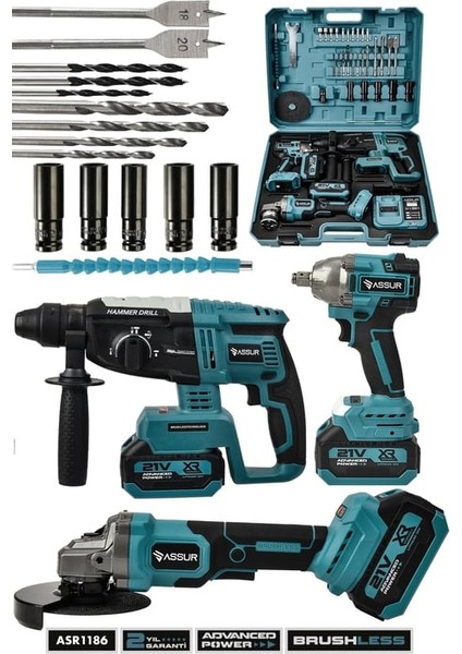Assur 21V Çift Akülü 3'lü Set Somun Sıkma Sökme+Taşlama+Kırıcı Delici Hilti