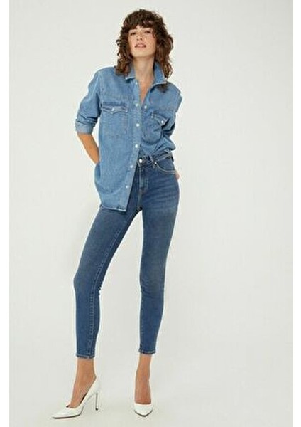 Kadın Skinny Likralı Kot Pantolon Yüksel Bel Dar Paça Mavi Günlük Stil