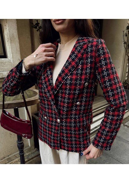 Kadın Fleto Cep Düğme Detay Tüvit Kumaş Astarlı Blazer Ceket