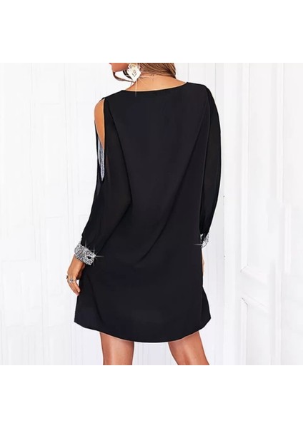 Kadın Uzun Kollu V Yaka Kollar Tül Yırtmaç Detay Kol Manşetleri ve Yaka Payet Krep Elbise