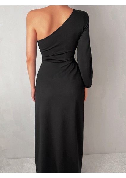 Tek Omuz Açık Derin Yırtmaçlı Krep Tam Boy Elbise fırsatları