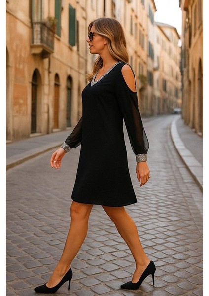 Kadın Uzun Kollu V Yaka Kollar Tül Yırtmaç Detay Kol Manşetleri ve Yaka Payet Krep Elbise fırsatları