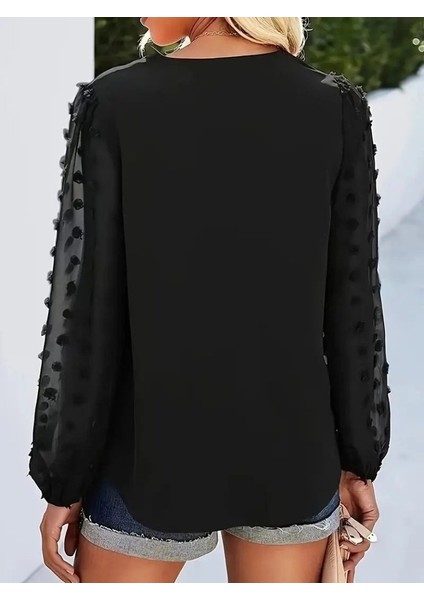 Kadın Uzun Kollu V Yakalı Kolları Popon Detaylı Sandy Bluz modelleri