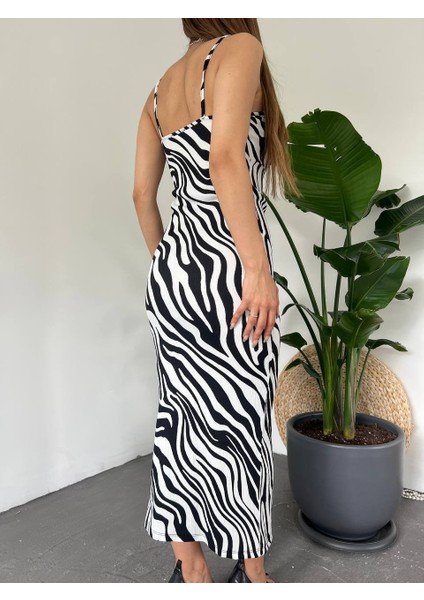 Kadın Zebra Baskılı Omuz Askılı Sırt Dekolteli Yırtmaç Detay Elbise fırsatları