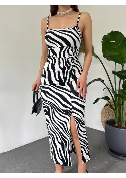 Kadın Zebra Baskılı Omuz Askılı Sırt Dekolteli Yırtmaç Detay Elbise indirimleri