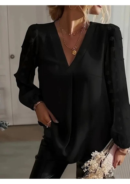 Kadın Uzun Kollu V Yakalı Kolları Popon Detaylı Sandy Bluz indirimleri