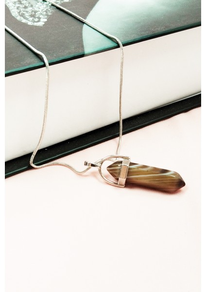 Kahverengi Akik Doğal Taşı Zincirli El Yapımı Tasarımlı Kolye Uç: 3,5 cm Zincir: 20 cm Kutulu fırsatları