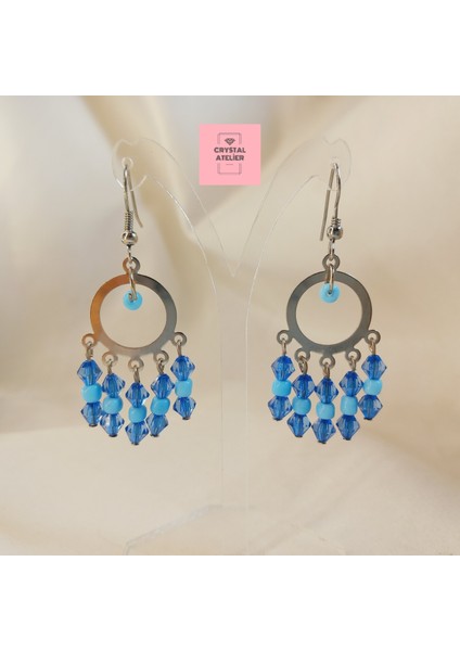 Mavi Kristal Boncuklu Sallantılı Halka Küpe – Işıltılı Kadın Küpe, Zarif Boncuklu Takı, Hediyelik Şık Sallantılı Küpe, Modern Halka Tasarım, Günlük ve Özel Gün Aksesuarı