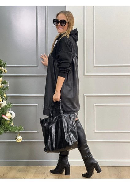 Kadın Uzun Kollu Kapüşon ve Deri Detay Diz Üstü Elbise