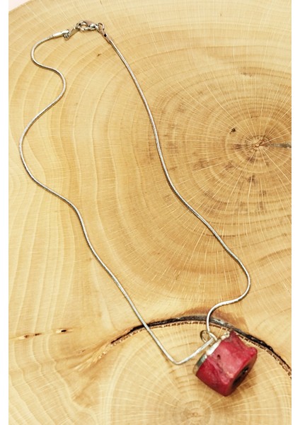 Mercan Doğal Taşı Zincirli El Yapımı Kolye Uç: 1,5 cm Zincir: 20 cm Kutulu