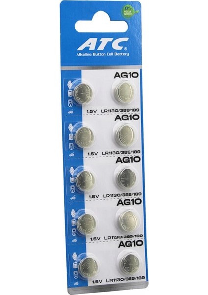 Atc Alkaline Button Battery AG10 LR-1130/389/189 Düğme Pil Alkalin 1.5V 10LU Kart (4887)