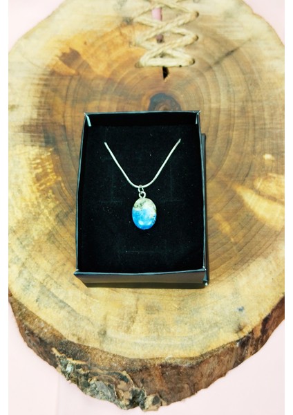 Sodalit Doğal Taşı Zincirli El Yapımı Kolye Uç: 1,5 cm Zincir: 20 cm Kutulu