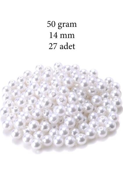 50 Gram 14MM Beyaz Renk Plastik Inci Boncuk Çanta ve Takı Yapım Boncuğu (~27 Adet)