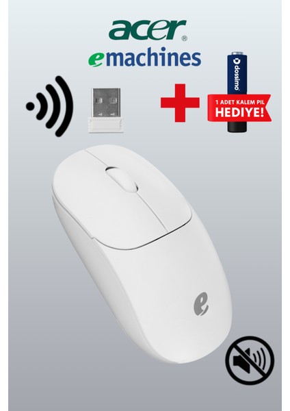 eMachines Sessiz Kablosuz Mouse – USB Alıcılı, Pil Hediyeli, Ev ve Ofis için – EAM080