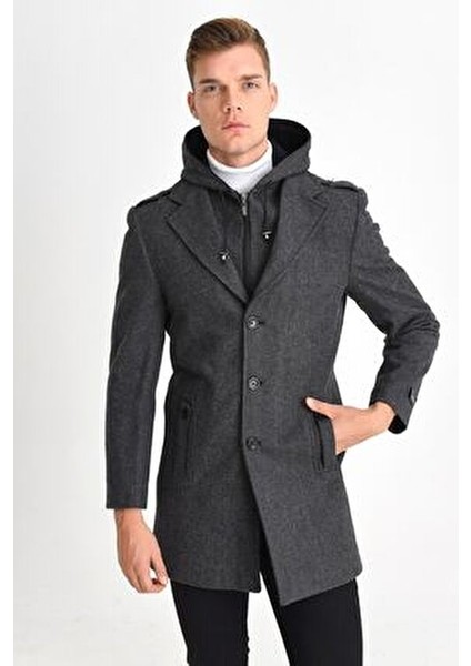 Erkek Füme Yün Karışımlı Desenli Kaşe Kapüşonlu Önü Fermuarlı ve Düğmeli Kaban fiyatları