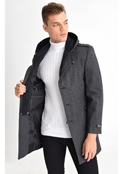 Erkek Füme Yün Karışımlı Desenli Kaşe Kapüşonlu Önü Fermuarlı ve Düğmeli Kaban modelleri