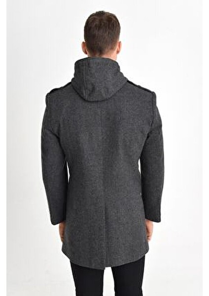 Erkek Füme Yün Karışımlı Desenli Kaşe Kapüşonlu Önü Fermuarlı ve Düğmeli Kaban fırsatları