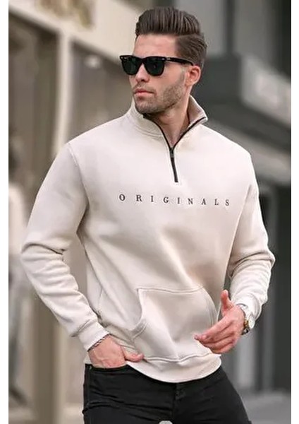 Bej Fermuar Yaka Nakışlı Sweatshirt 6028