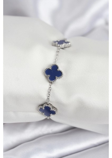 316L Çelik Zincir Gümüş Renk Lacivert Yonca Kadın Bileklik - TJ-BB7958