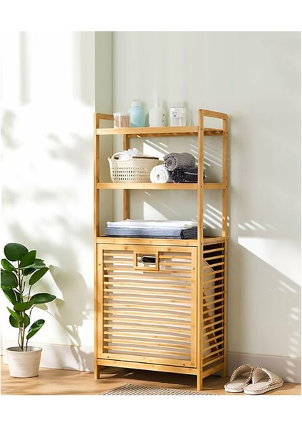 Bambu 3 Raflı Kirli Sepeti Çok Amaçlı Banyo Düzenleyici Organizer Raf