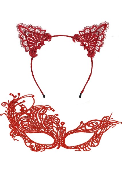 kırmızı dantel maske ve taç seti 1 no - kostüm seti (4172) fiyatları