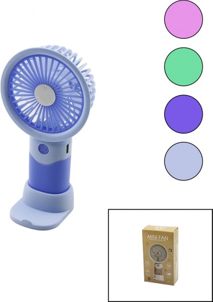 USB Şarjlı Mini El Fanı Çap:8.4 - Y:16CM Sabit Başlık 3-Kademe Hızt Elefonluklu Masaüstü Ayak Vantilatör (4887)