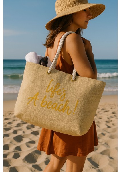 Sloganlı Plaj Çantası Ekru