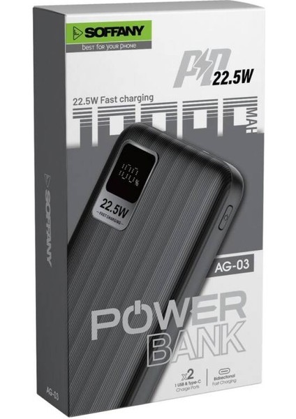 AG03-002 10.000 mAh P.Bank 22.5W 2 Type-C + 1 USB Çıkışlı Siyah