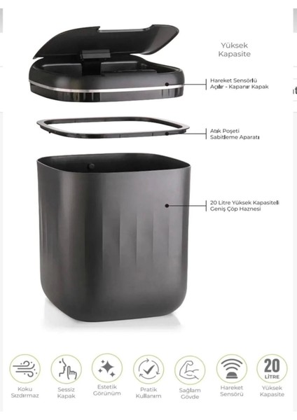 Otomatik Hareket Sensörlü Akıllı Çöp Kovası – 20 Litre Sessiz ve Hijyenik Kullanım fırsatları