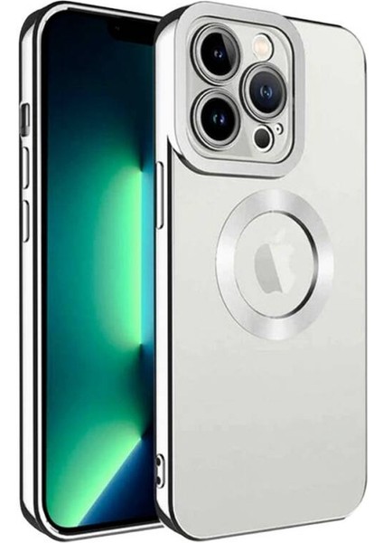 iPhone 16 Pro Metal Çerçeveli Şeffaf Mıknatıslı Kılıf Beyaz