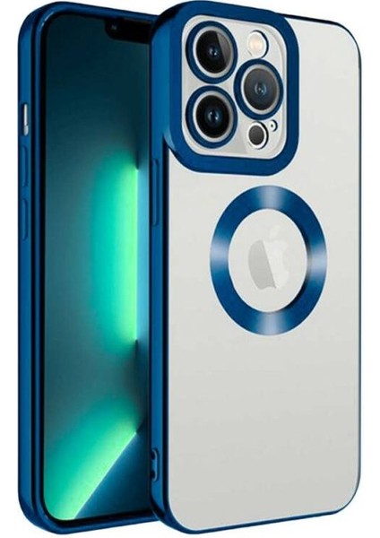iPhone 13 Metal Çerçeveli Şeffaf Mıknatıslı Kılıf Mavi
