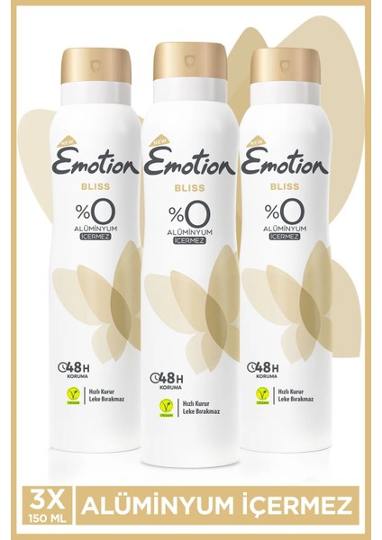 3 Adet Emotion Bliss Kadın Vegan Deodorant 150 ml Hızlı Kurur , Leke Bırakmaz