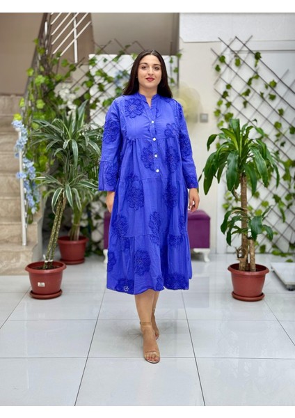 PT54830 Önden Düğmeli Brodeli Hakim Yaka Coton Italyan Elbise Mor