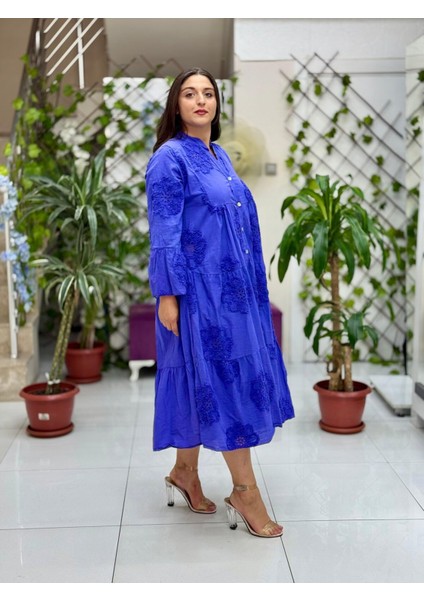 PT54830 Önden Düğmeli Brodeli Hakim Yaka Coton Italyan Elbise Mor fiyatları