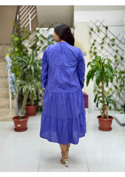 PT54830 Önden Düğmeli Brodeli Hakim Yaka Coton Italyan Elbise Mor modelleri