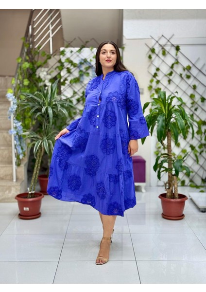 PT54830 Önden Düğmeli Brodeli Hakim Yaka Coton Italyan Elbise Mor fırsatları