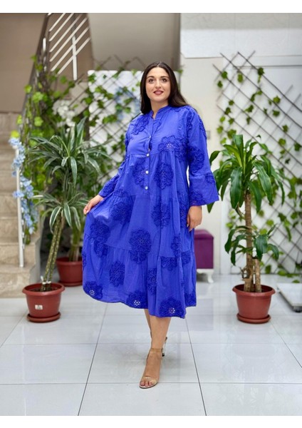 PT54830 Önden Düğmeli Brodeli Hakim Yaka Coton Italyan Elbise Mor indirimleri