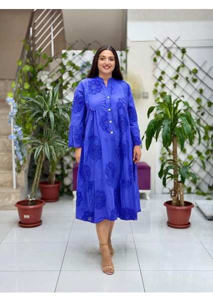 PT54830 Önden Düğmeli Brodeli Hakim Yaka Coton Italyan Elbise Mor