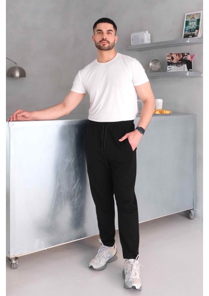 Beli Lastikli Düz Paça Pamuklu Flato Cepli Rahat Kesim Siyah Erkek Eşofman Altı modelleri