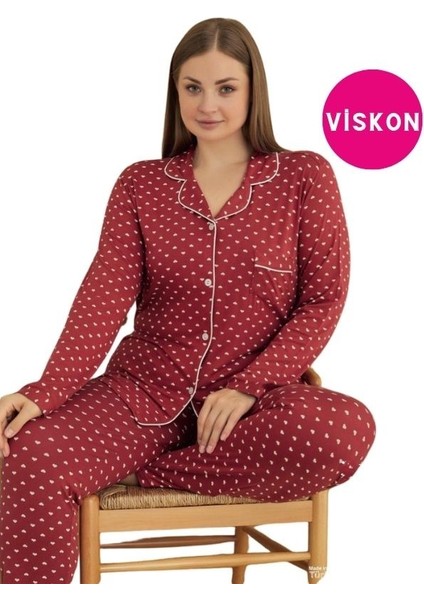 Kadın Büyük Beden Viskon Önden Düğmeli Gömlek Yaka Göğüs Cepli Uzun Kol Mevsimlik Pijama Takımı