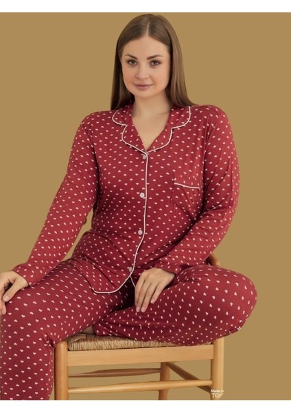 Kadın Büyük Beden Viskon Önden Düğmeli Gömlek Yaka Göğüs Cepli Uzun Kol Mevsimlik Pijama Takımı modelleri