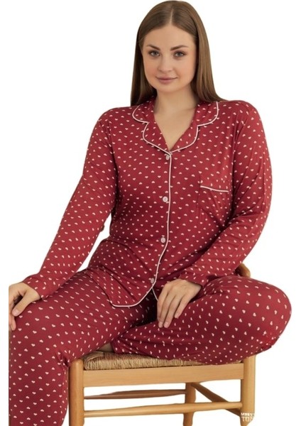 Kadın Büyük Beden Viskon Önden Düğmeli Gömlek Yaka Göğüs Cepli Uzun Kol Mevsimlik Pijama Takımı fırsatları