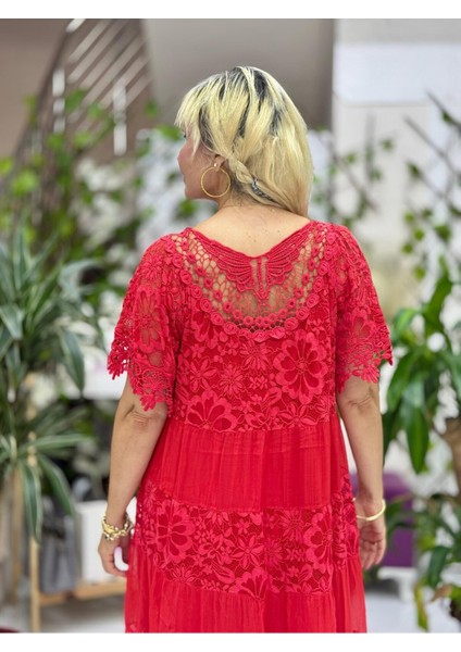 N10337 Italyan Ipek Elbise Kırmızı